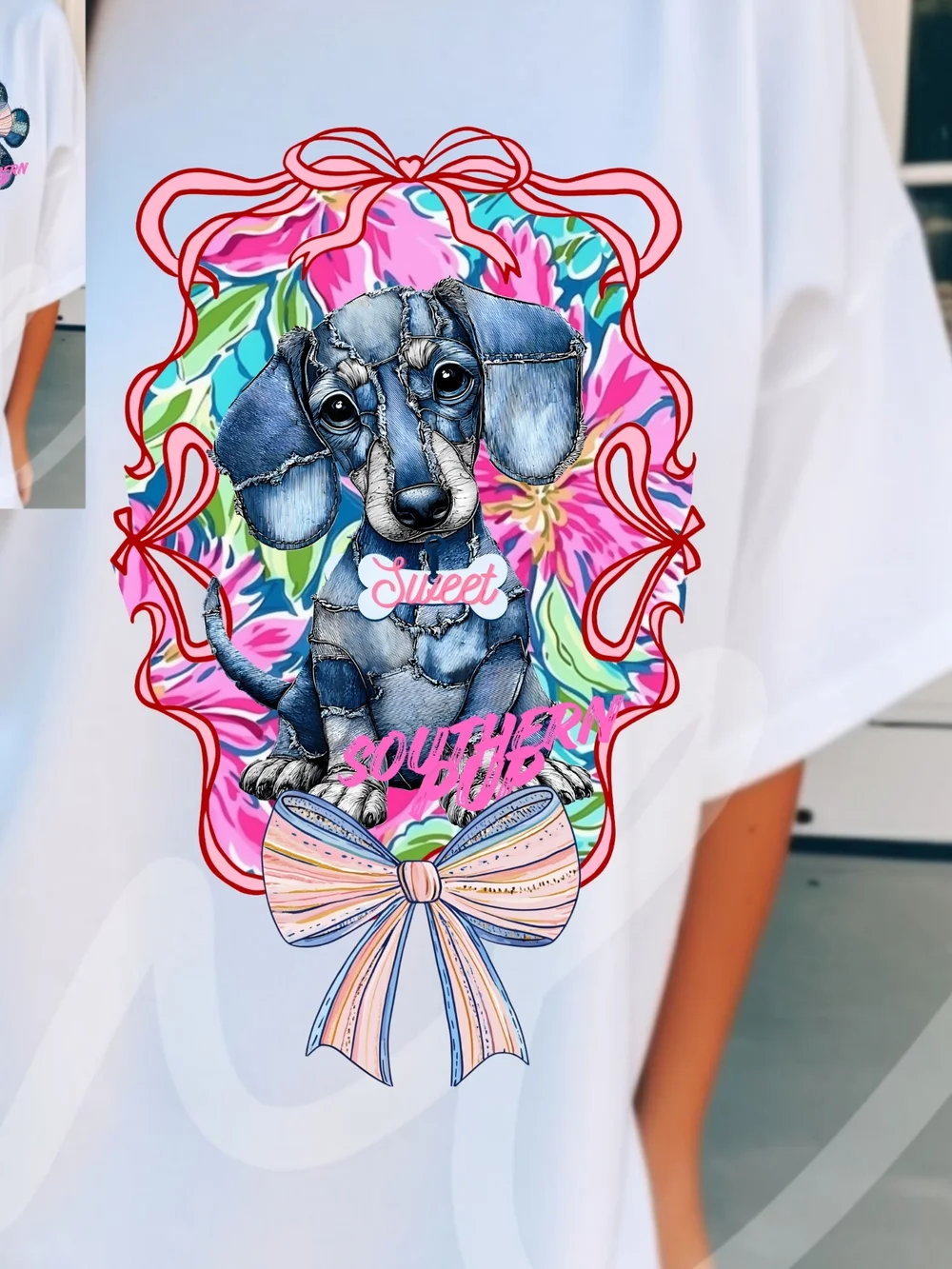 Gildan White Tee with Denim Patch Paw & Pastel Bow - Picture 4 of 16